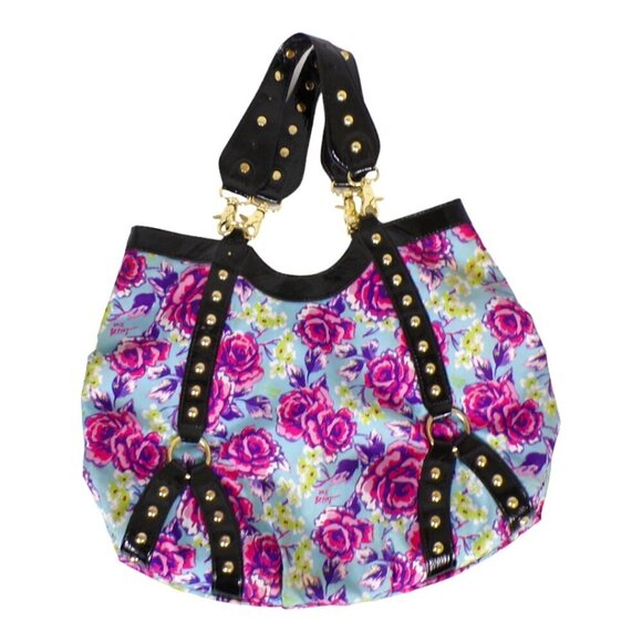 Betsey Johnson Hobo style shoulder bag.  Roses on blue background. #1251 - Picture 1 of 9